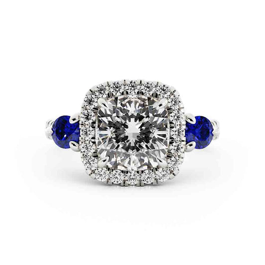 Cushion Diamond with Halo and 2 Sapphires on Side