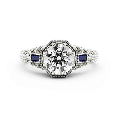 Vintage Round Laboratory-Grown Diamond and Sapphire Ring