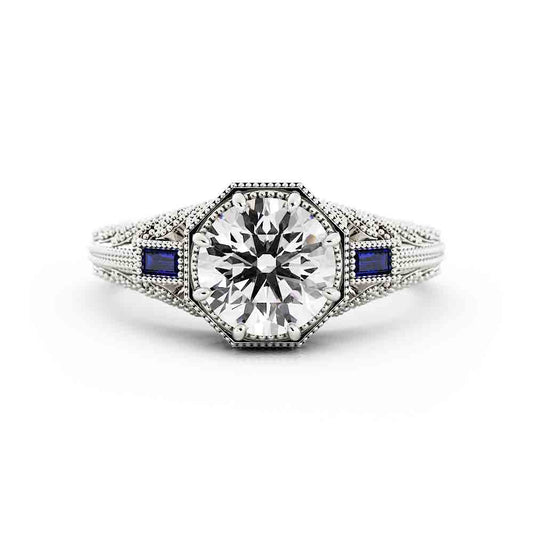 Vintage Round Laboratory-Grown Diamond and Sapphire Ring
