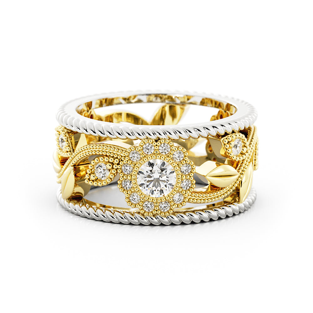 14k two-tone Floral Diamond Wide Band