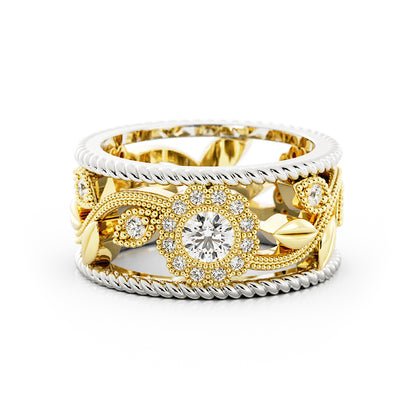 1218 - 14k two-tone Floral diamond wide band