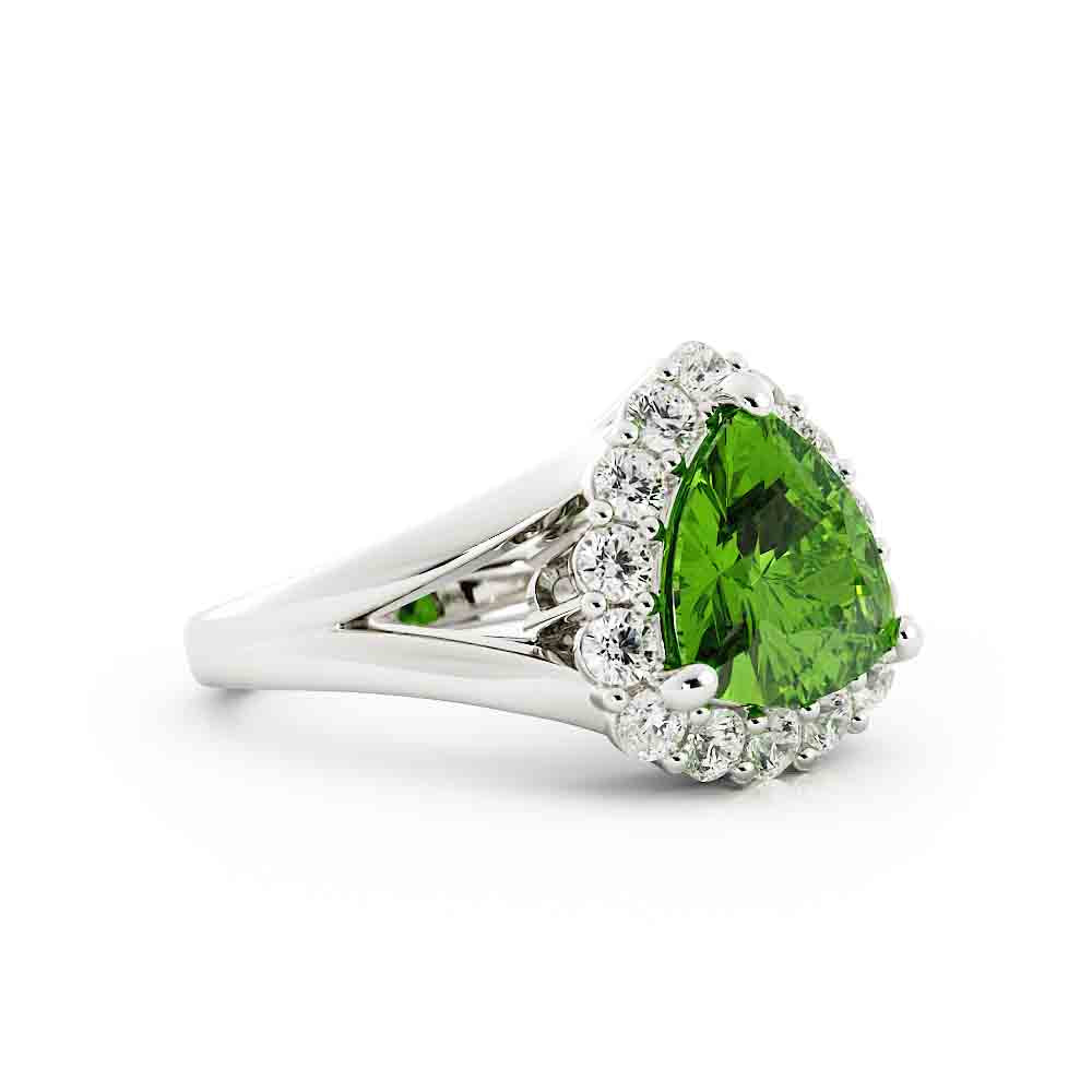 Trillion Peridot Ring Surrounded By Diamonds