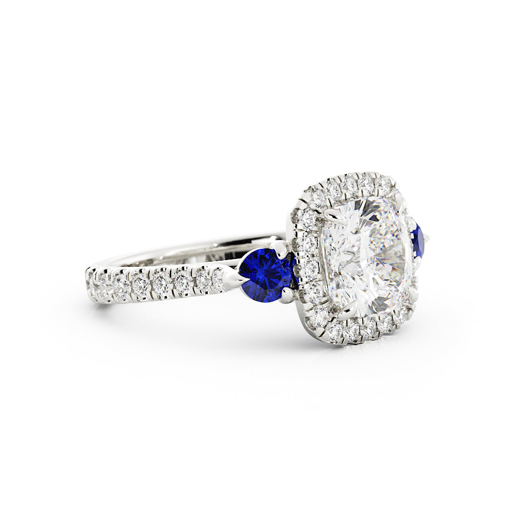 Cushion Diamond with Halo on Two Sapphires on Side