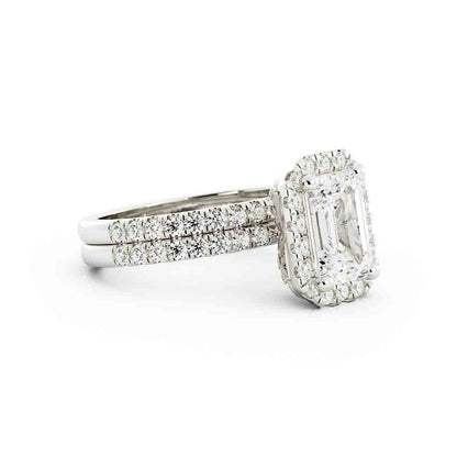 Emerald Cut Center with Halo and Rd Diamond Side stone