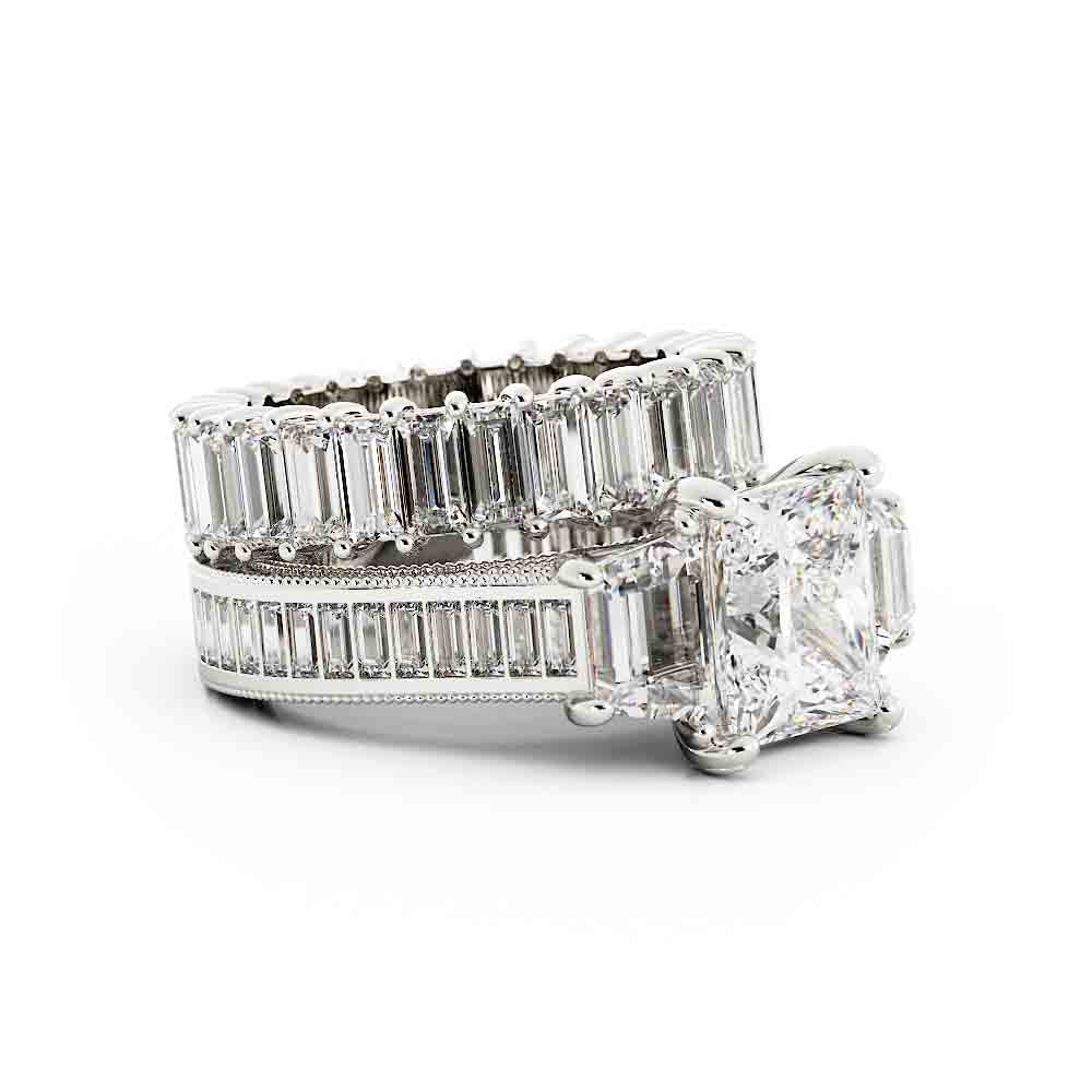 Large Princess and Trap Engagment Ring with Bag and Rd Side Diamond