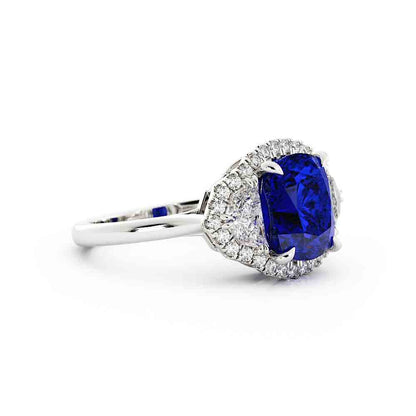 Cushion Blue Sapphire with Diamond Side Stones