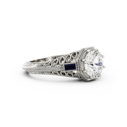 Vintage Round Laboratory-Grown Diamond and Sapphire Ring