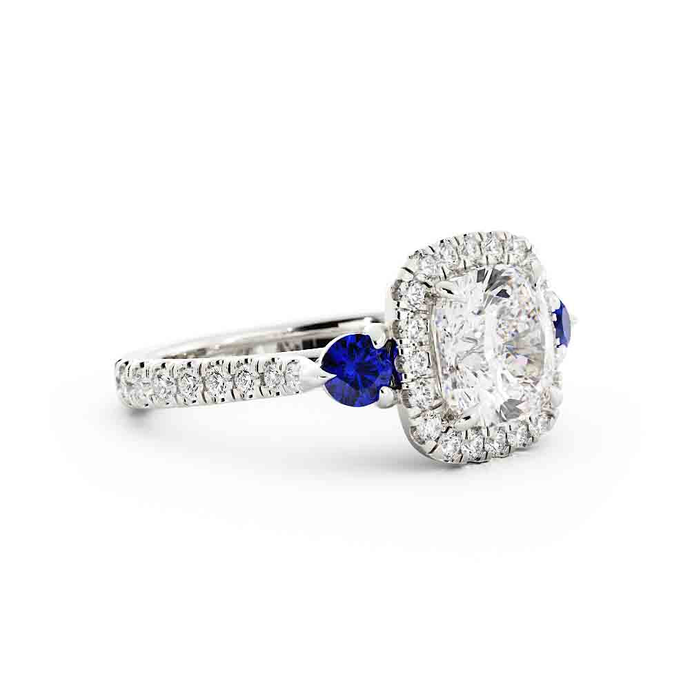 Cushion Diamond with Halo and 2 Sapphires on Side