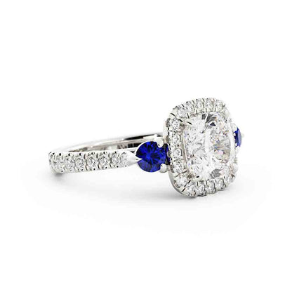 Cushion Diamond with Halo and 2 Sapphires on Side