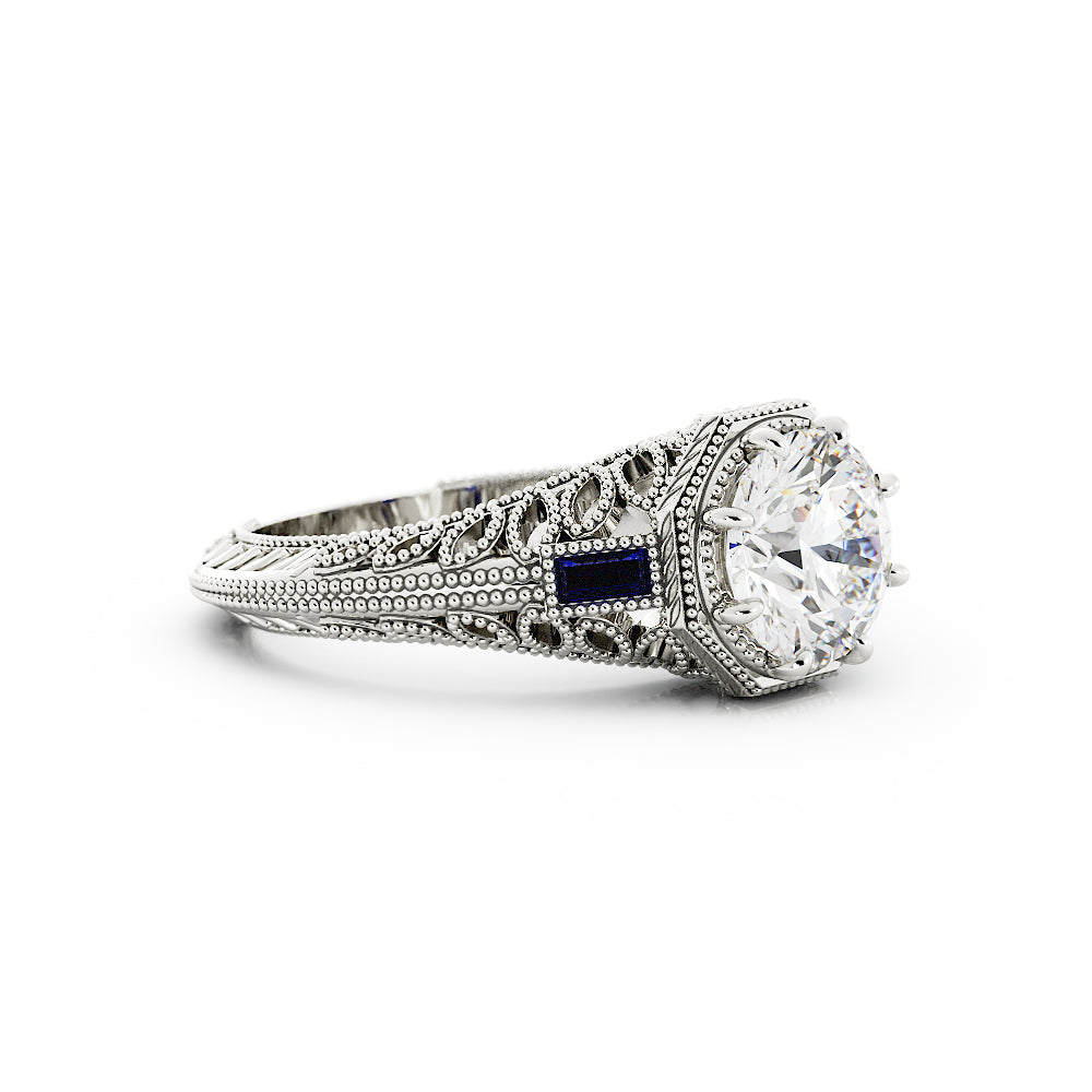 Vintage Round Diamond and Sapphire Ring