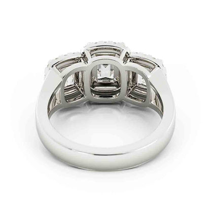 3 Emerald Cut Diamonds Surrounded By Cushion Shaped Diamond Halos