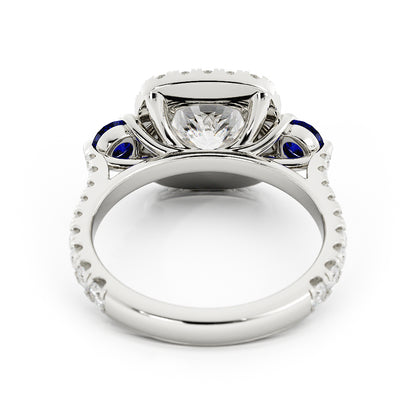 Cushion Diamond with Halo on Two Sapphires on Side