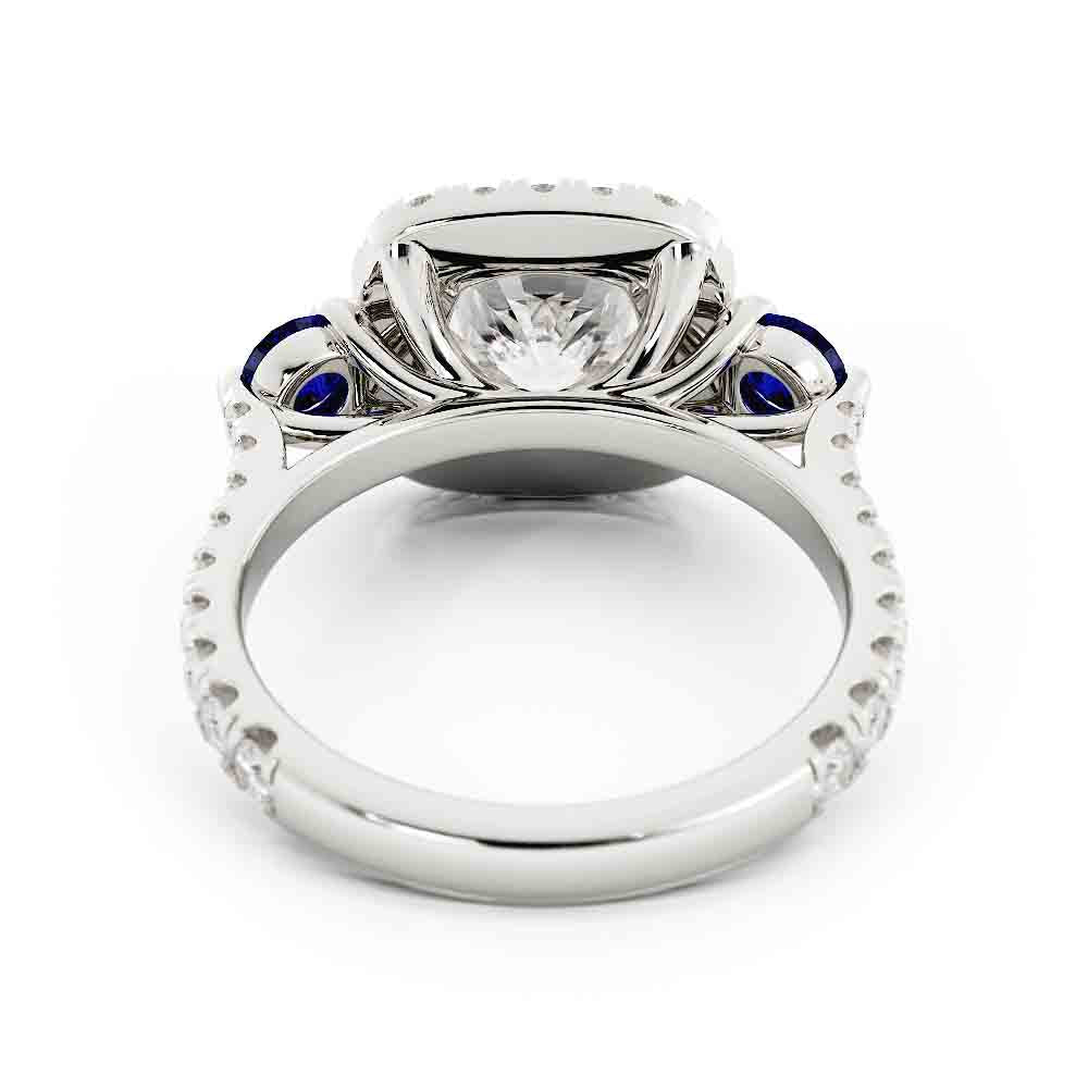 Cushion Diamond with Halo and 2 Sapphires on Side