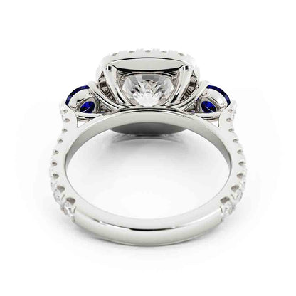 Cushion Diamond with Halo and 2 Sapphires on Side