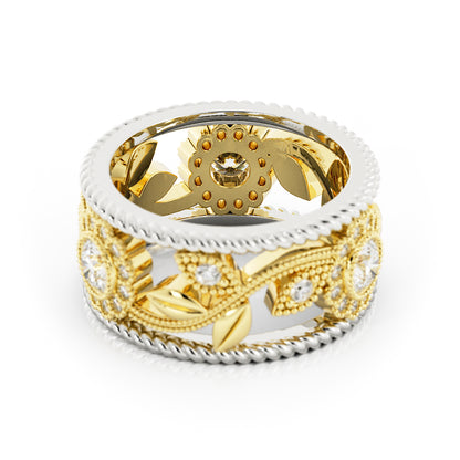 14k two-tone Floral Diamond Wide Band