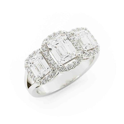 3 Emerald Cut Diamonds Surrounded By Cushion Shaped Diamond Halos