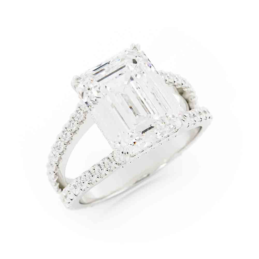 Split Shank Round Diamond Ring With Emerald Cut Center