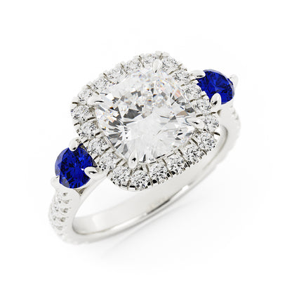Cushion Laboratory-Grown Diamond with Halo on Two Sapphires on Side