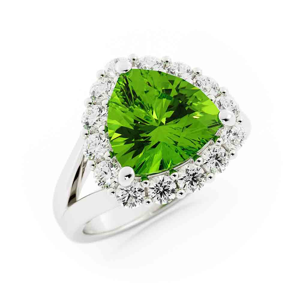 Trillion Peridot Ring Surrounded By Diamonds