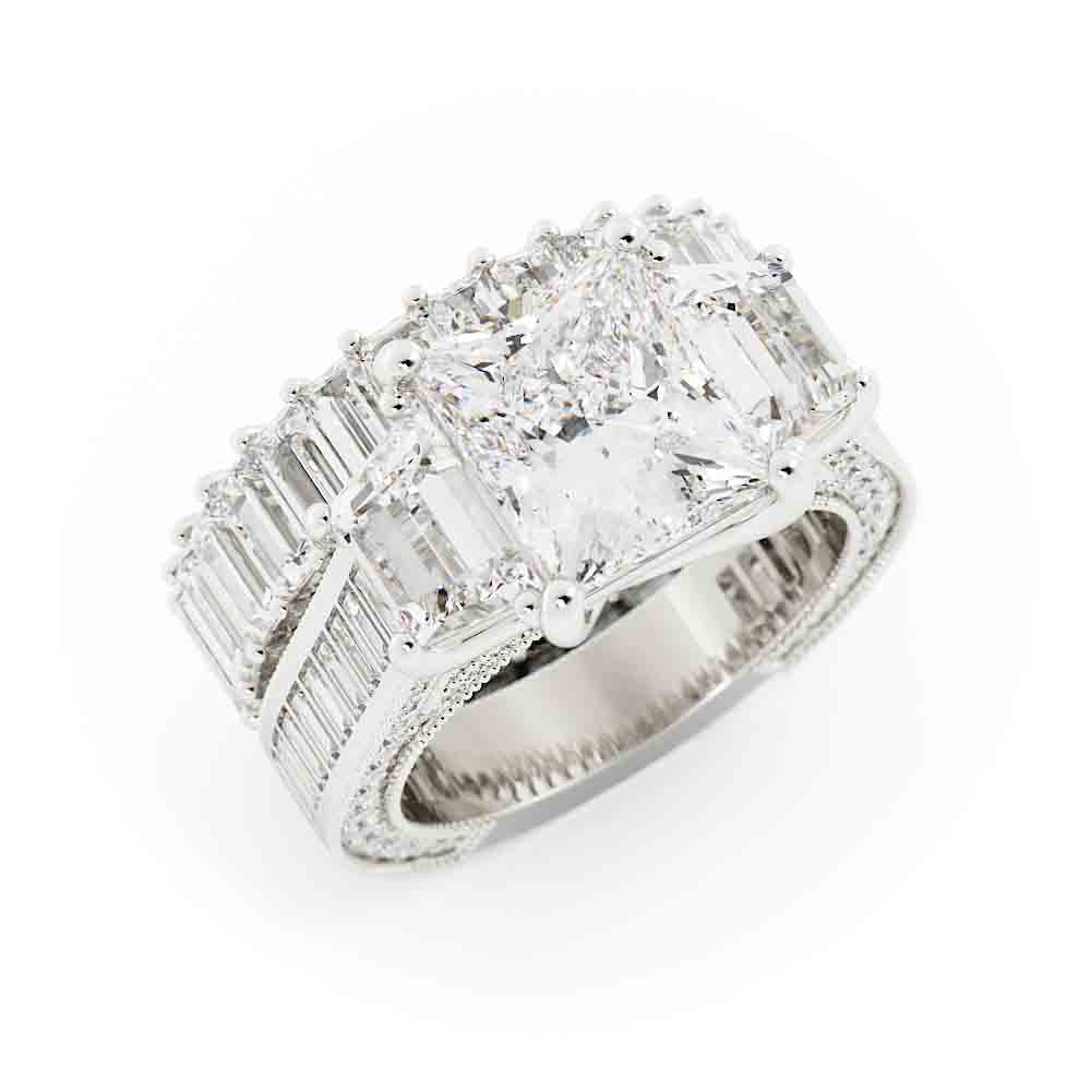 Large Princess and Trap Engagment Ring with Bag and Rd Side Diamond