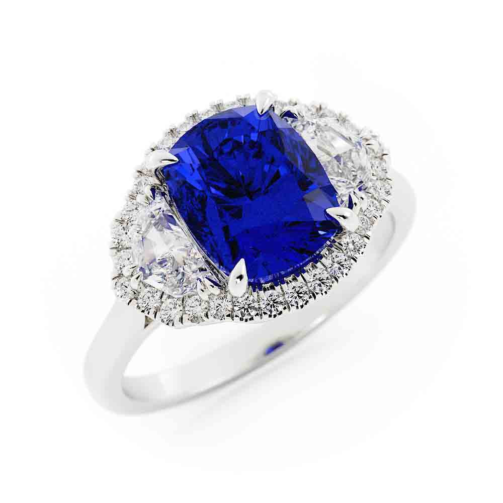 Cushion Blue Sapphire with Diamond Side Stones
