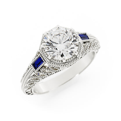 Vintage Round Laboratory-Grown Diamond and Sapphire Ring