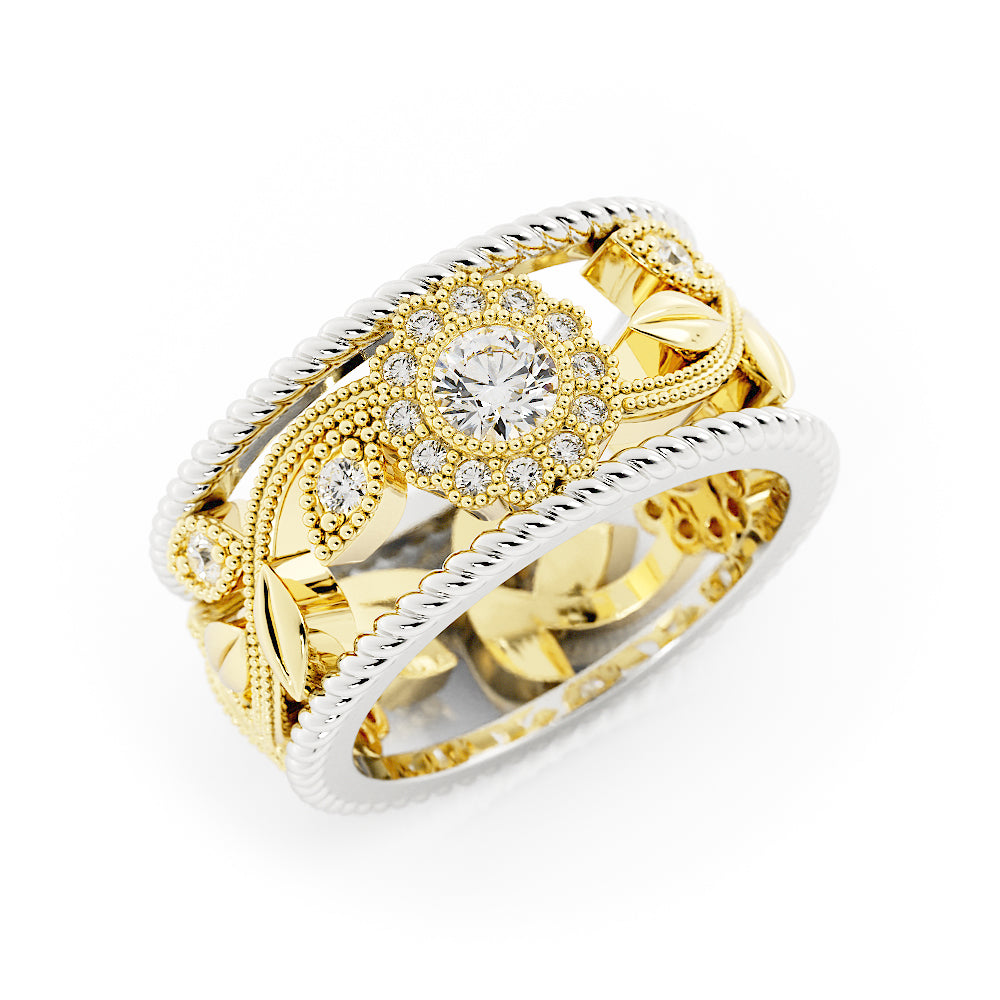 14k two-tone Floral Diamond Wide Band