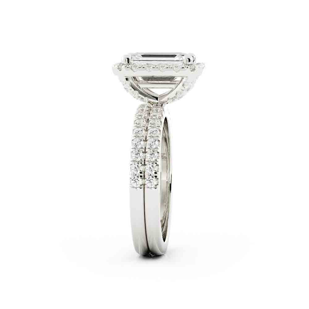 Emerald Cut Center with Halo and Rd Diamond Side stone