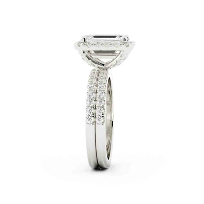 Emerald Cut Center with Halo and Rd Diamond Side stone