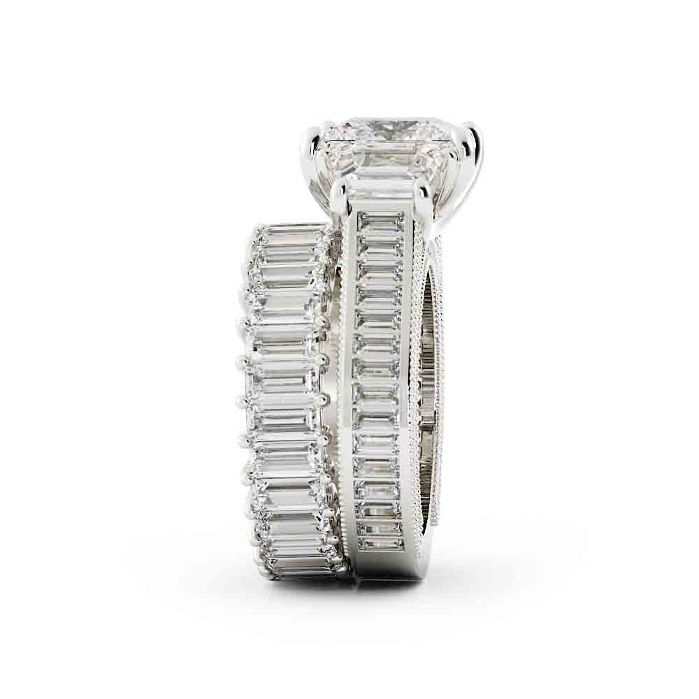 Large Princess and Trap Engagment Ring with Bag and Rd Side Diamond