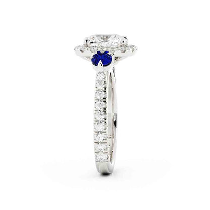Cushion Diamond with Halo and 2 Sapphires on Side