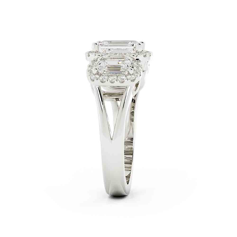 3 Emerald Cut Diamonds Surrounded By Cushion Shaped Diamond Halos