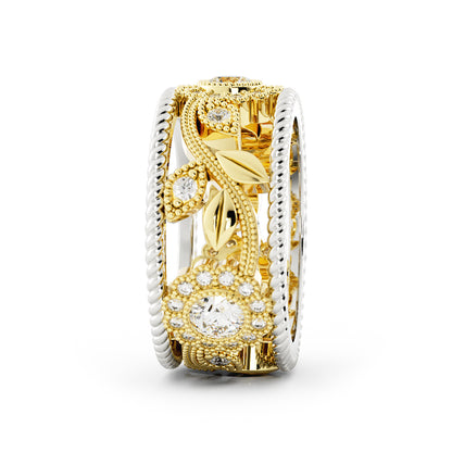 1218 - 14k two-tone Floral diamond wide band