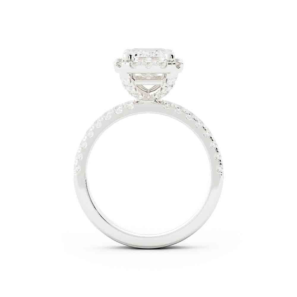 Emerald Cut Center with Halo and Rd Diamond Side stone