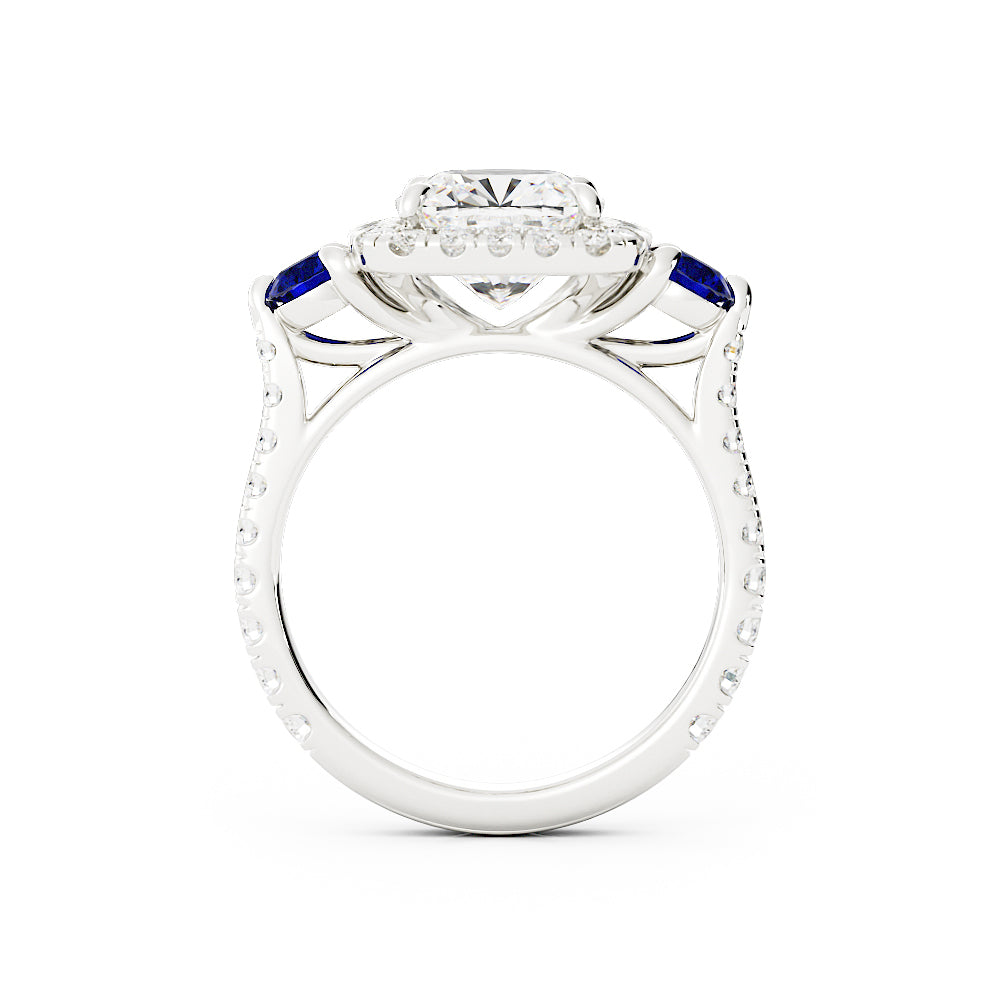 Cushion Diamond with Halo on Two Sapphires on Side