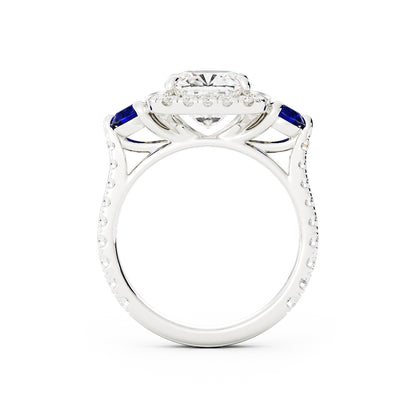 Cushion Diamond with Halo on Two Sapphires on Side