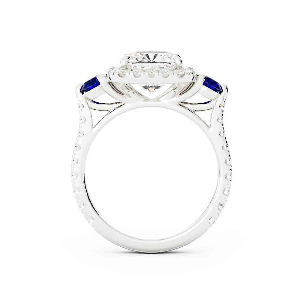 Cushion Diamond with Halo and 2 Sapphires on Side