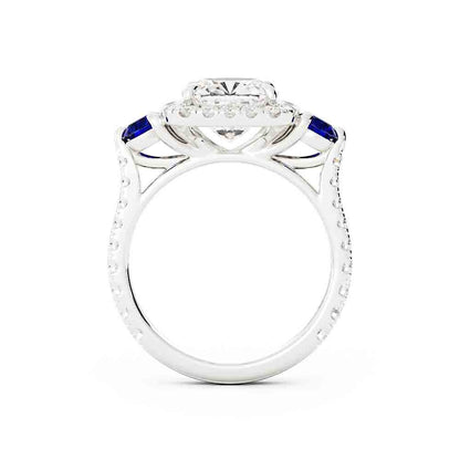 Cushion Diamond with Halo and 2 Sapphires on Side