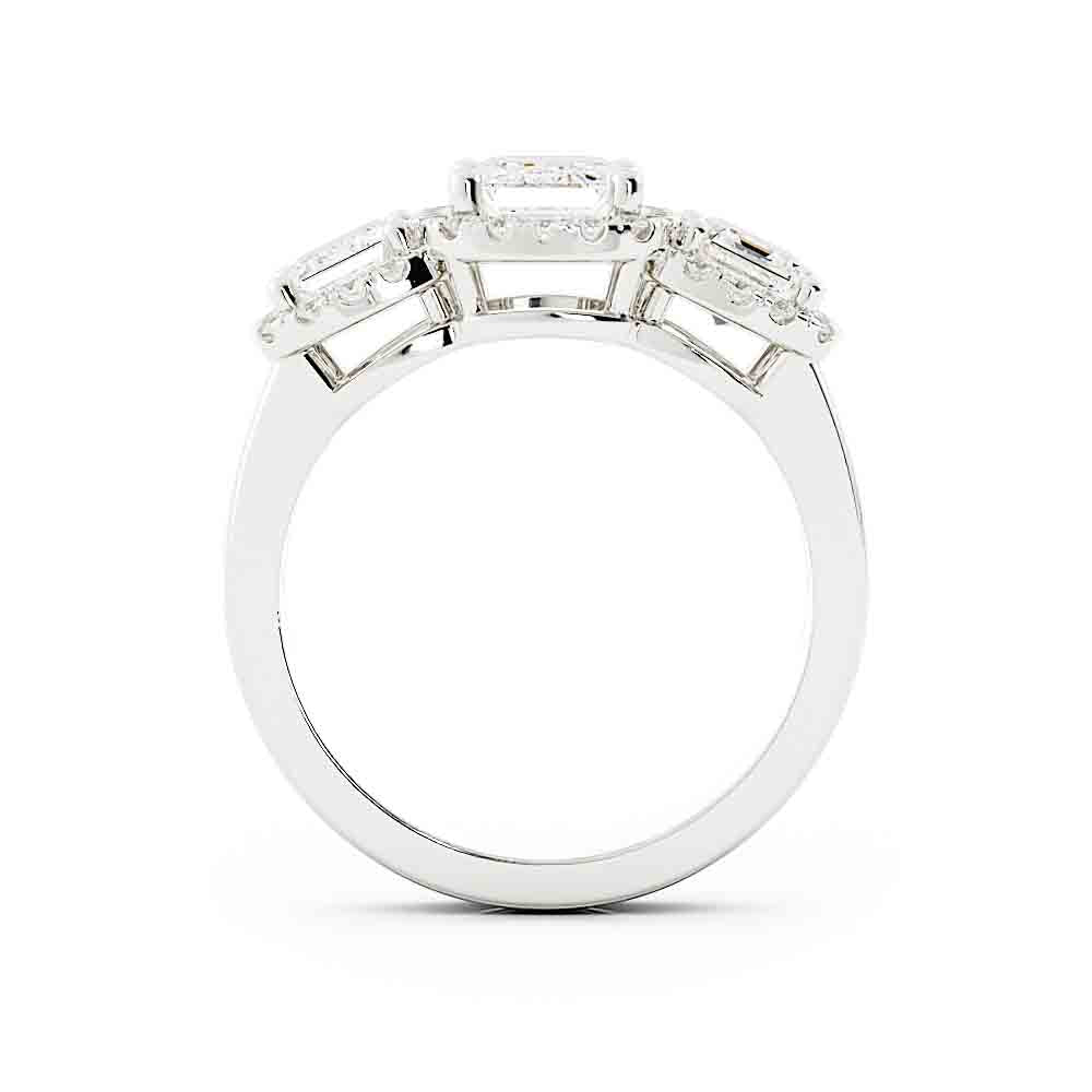 3 Emerald Cut Diamonds Surrounded By Cushion Shaped Diamond Halos