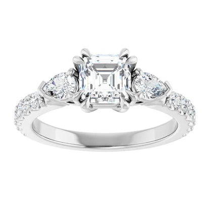 14K White Gold 1 7/8 CTW Asscher-Cut Diamond Engagement Ring with Pear Side Stones and Pave Band
