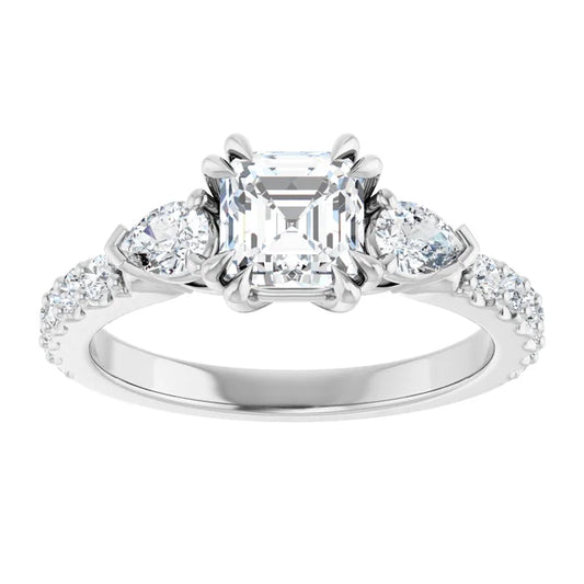 14K White Gold 1 7/8 CTW Asscher-Cut Diamond Engagement Ring with Pear Side Stones and Pave Band
