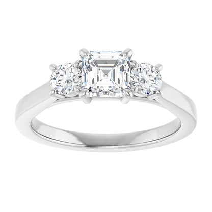 14K White Gold 1 1/2 CTW Asscher-Cut Diamond Three-Stone Engagement Ring with Round Side Stones