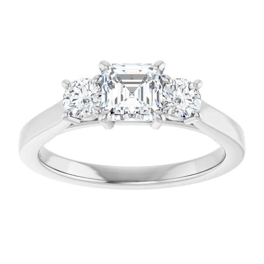 14K White Gold 1 1/2 CTW Asscher-Cut Diamond Three-Stone Engagement Ring with Round Side Stones