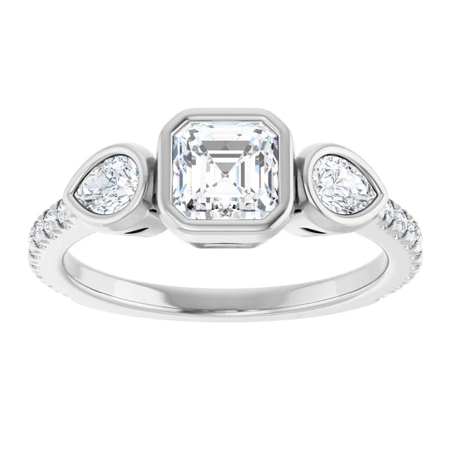14K White Gold 1 1/4 CTW Asscher-Cut Diamond Engagement Ring with Pear Side Stones and Bezel Setting