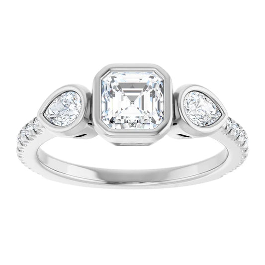 14K White Gold 1 1/4 CTW Asscher-Cut Diamond Engagement Ring with Pear Side Stones and Bezel Setting