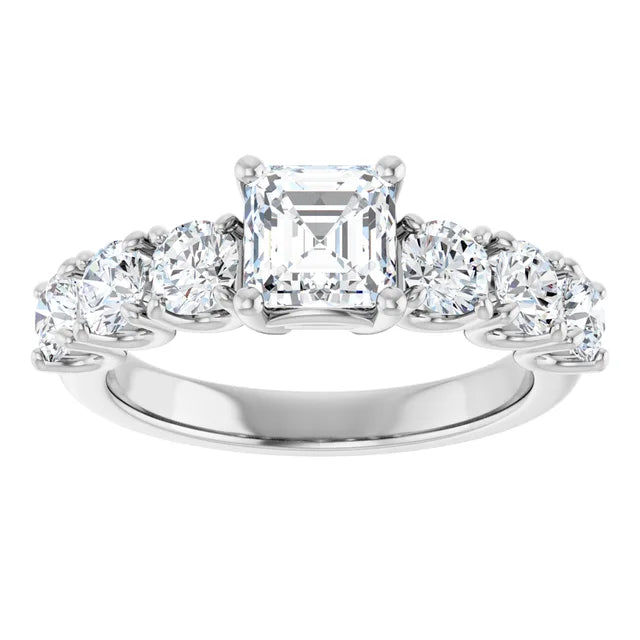 14K White Gold 2 1/5 CTW Asscher-Cut Diamond Engagement Ring with Round Graduated Side Stones