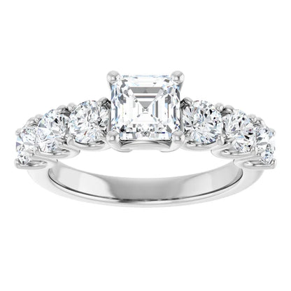 14K White Gold 2 1/5 CTW Asscher-Cut Diamond Engagement Ring with Round Graduated Side Stones
