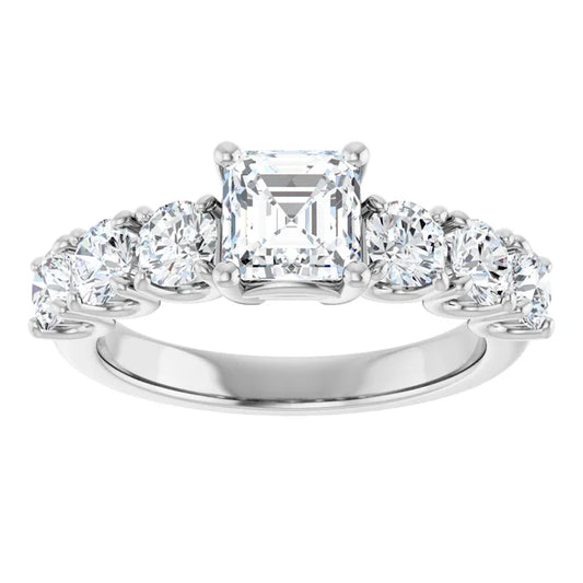 14K White Gold 2 1/5 CTW Asscher-Cut Diamond Engagement Ring with Round Graduated Side Stones