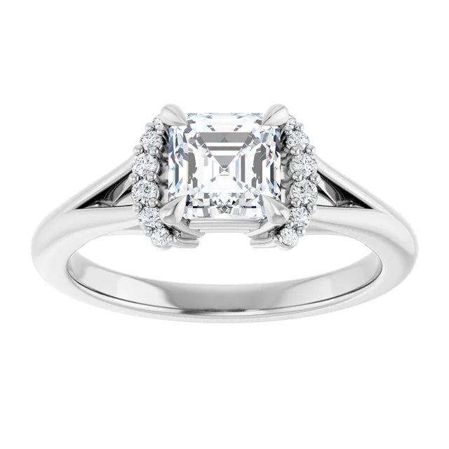 14K White Gold 1 CTW Asscher-Cut Diamond Engagement Ring with Half Halo and Split Shank