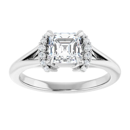 14K White Gold 1 CTW Asscher-Cut Diamond Engagement Ring with Half Halo and Split Shank